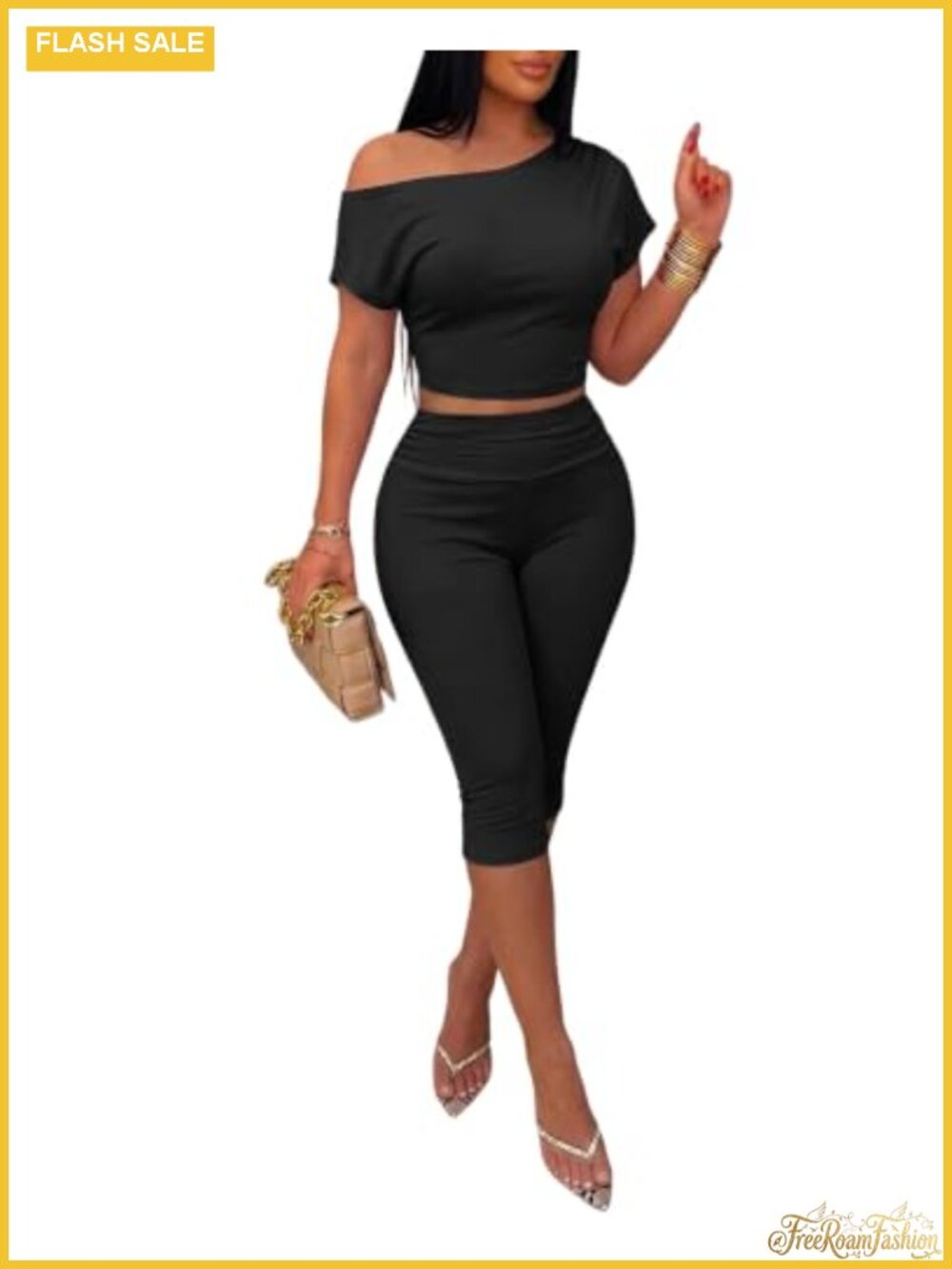 Ribbed Knit Off Shoulder Crop Top & Capri Pant Set 2 Piece Loungewear